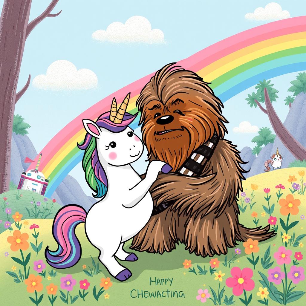 A whimsical and humorous illustration featuring Chewbacca, the beloved Wookiee from Star Wars, playfully interacting with a colorful unicorn in a fantastical setting