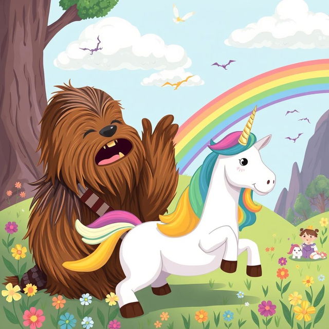 A whimsical and humorous illustration featuring Chewbacca, the beloved Wookiee from Star Wars, playfully interacting with a colorful unicorn in a fantastical setting