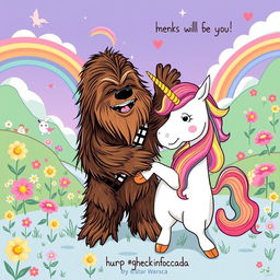 A whimsical and humorous illustration featuring Chewbacca, the beloved Wookiee from Star Wars, playfully interacting with a colorful unicorn in a fantastical setting