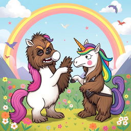 A whimsical and humorous illustration featuring Chewbacca, the beloved Wookiee from Star Wars, playfully interacting with a colorful unicorn in a fantastical setting