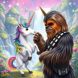 A fantastical and surreal illustration featuring Chewbacca, the beloved Wookiee from Star Wars, engaging in a playful and whimsical interaction with a colorful unicorn