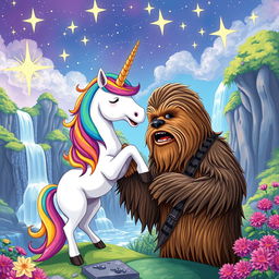 A fantastical and surreal illustration featuring Chewbacca, the beloved Wookiee from Star Wars, engaging in a playful and whimsical interaction with a colorful unicorn