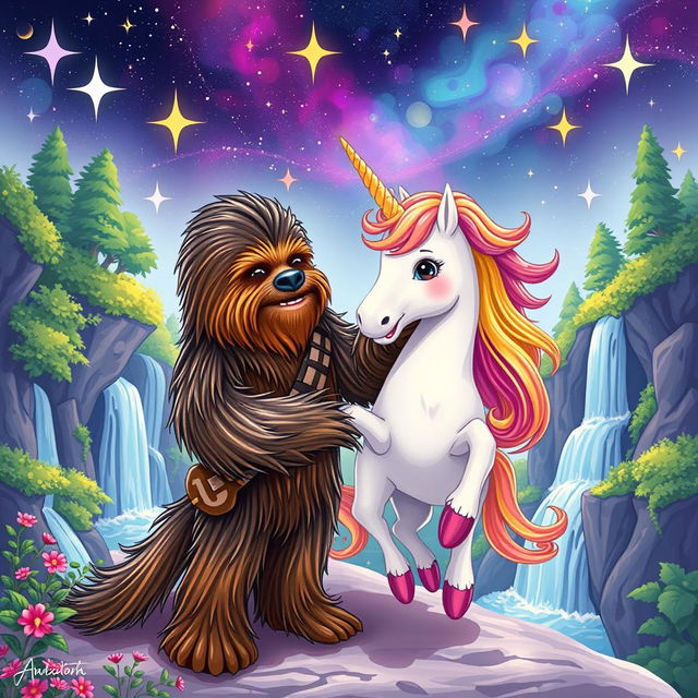 A fantastical and surreal illustration featuring Chewbacca, the beloved Wookiee from Star Wars, engaging in a playful and whimsical interaction with a colorful unicorn