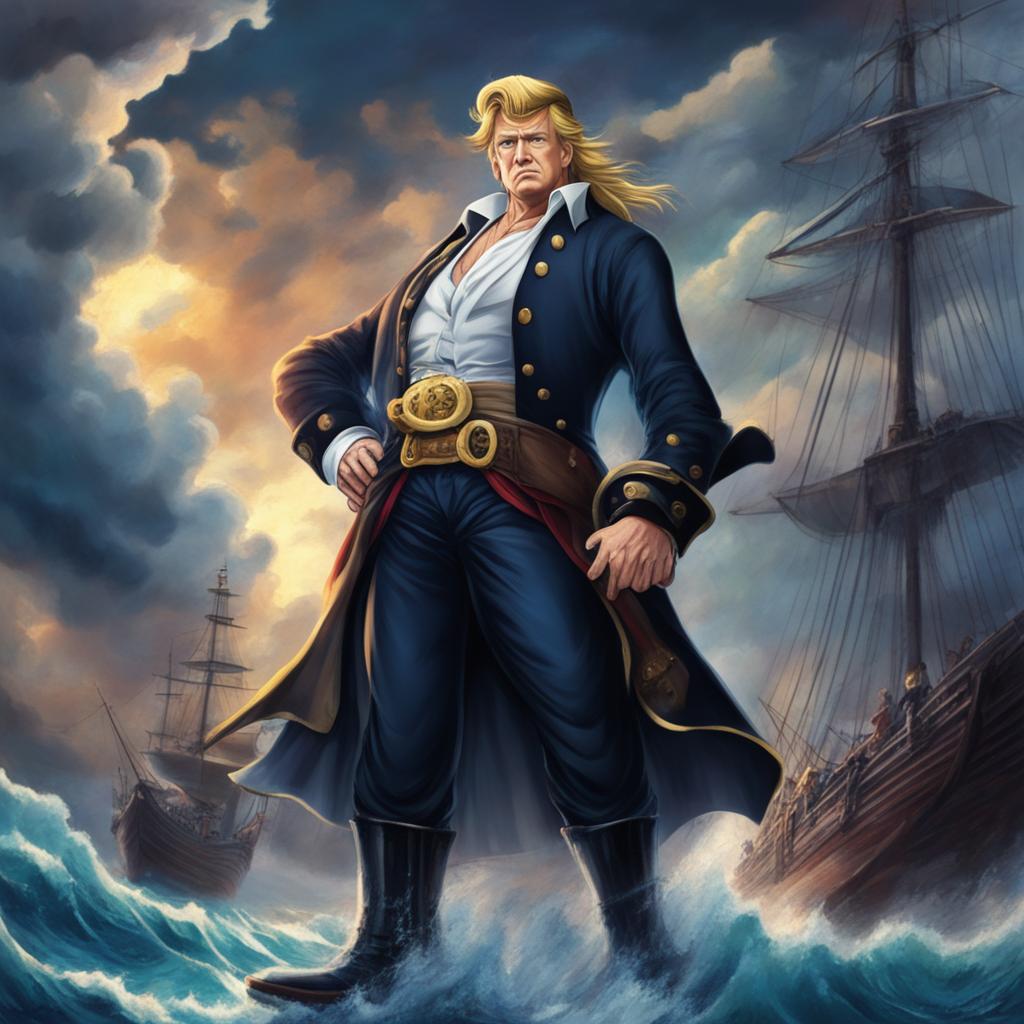 A high-quality digital image of Donald Trump in the style of One Piece, standing confidently at the helm of a grand pirate ship amidst a tumultuous sea and stormy sky, embodying the epic atmosphere of the popular anime