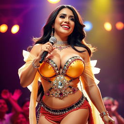 Arlida Putri, the famous Indonesian dangdut singer, showcasing her very large breasts and slim figure, dressed in a glamorous and colorful performance outfit that sparkles under the stage lights