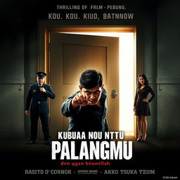 A movie cover design for a thrilling drama film titled 'Kubuka Pintu PalangMu dengan bismillah'