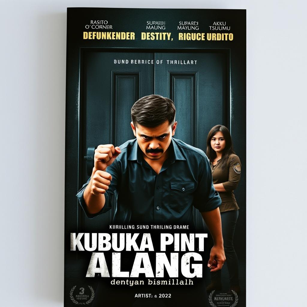 A movie cover design for a thrilling drama film titled 'Kubuka Pintu PalangMu dengan bismillah'