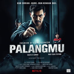 A movie cover design for a thrilling drama film titled 'Kubuka Pintu PalangMu dengan bismillah'