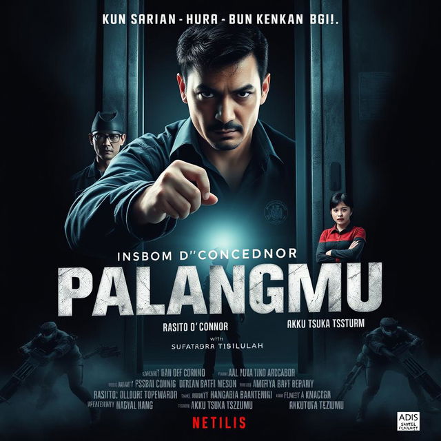 A movie cover design for a thrilling drama film titled 'Kubuka Pintu PalangMu dengan bismillah'