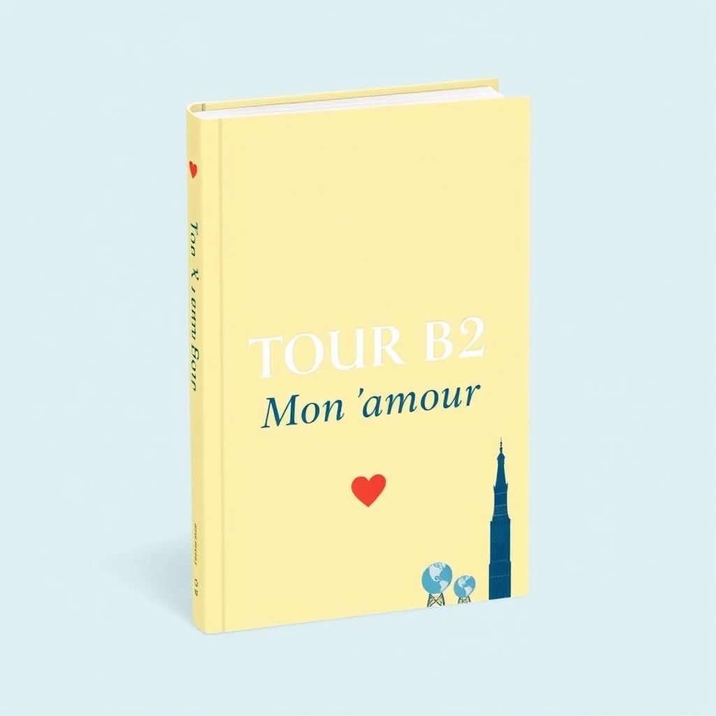 A simple and engaging book cover design for 'TOUR B2 Mon amour', featuring a warm and inviting background color like soft pastel blue or yellow