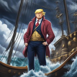 A high-quality digital image of Donald Trump in the style of One Piece, standing confidently at the helm of a grand pirate ship amidst a tumultuous sea and stormy sky, embodying the epic atmosphere of the popular anime