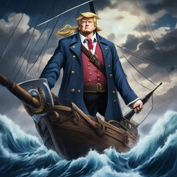 A high-quality digital image of Donald Trump in the style of One Piece, standing confidently at the helm of a grand pirate ship amidst a tumultuous sea and stormy sky, embodying the epic atmosphere of the popular anime