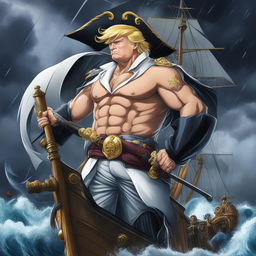 A high-quality digital image of Donald Trump in the style of One Piece, standing confidently at the helm of a grand pirate ship amidst a tumultuous sea and stormy sky, embodying the epic atmosphere of the popular anime