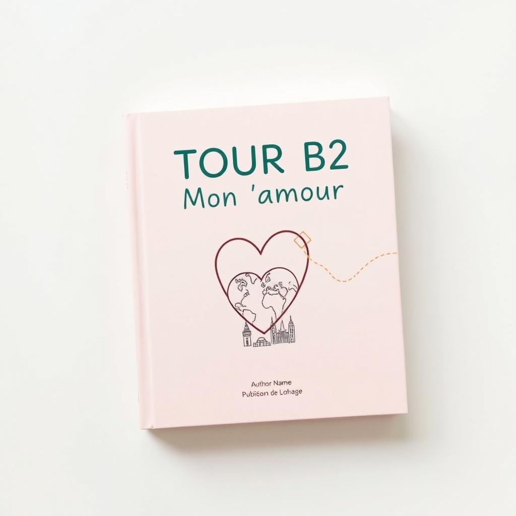 A simple and charming book cover design for 'TOUR B2 Mon amour', featuring a light pastel background, such as soft pink or mint green