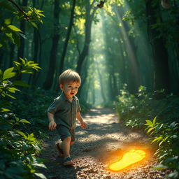 A young boy wandering through a magical, dense forest, discovering a glowing golden footprint on the ground
