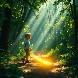 A young boy wandering through a magical, dense forest, discovering a glowing golden footprint on the ground