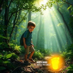 A young boy wandering through a magical, dense forest, discovering a glowing golden footprint on the ground