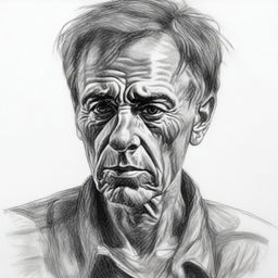 A deeply moving, black and white pencil sketch of a despondent man, his sorrowful eyes reflecting a sense of hopelessness