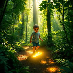 A young boy wandering through a magical, dense forest, discovering a glowing golden footprint on the ground