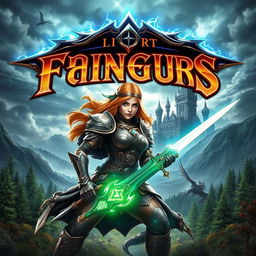 A striking game cover design depicting an epic fantasy battle scene in a mystical realm