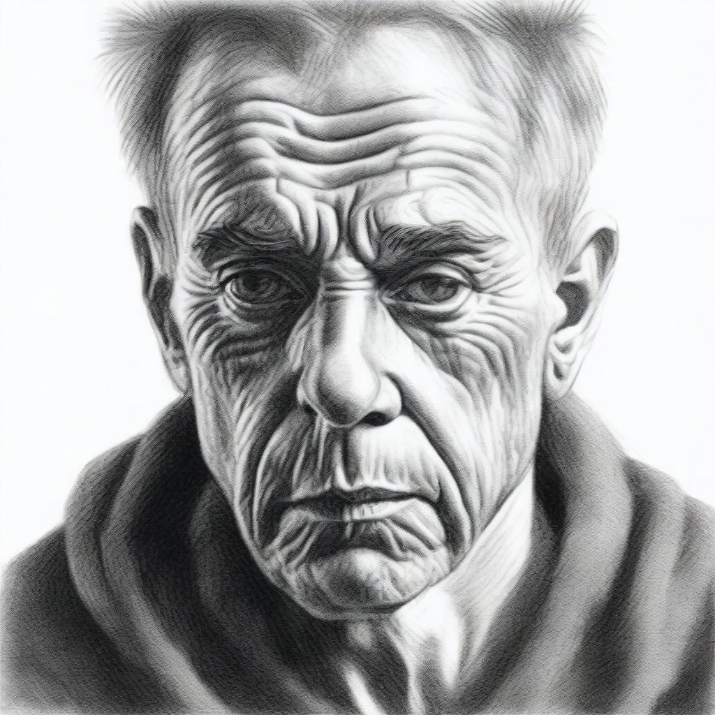 A deeply moving, black and white pencil sketch of a despondent man, his sorrowful eyes reflecting a sense of hopelessness