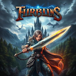 A striking game cover design depicting an epic fantasy battle scene in a mystical realm