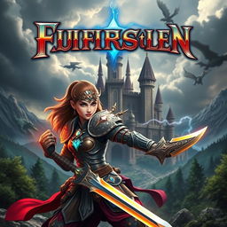 A striking game cover design depicting an epic fantasy battle scene in a mystical realm