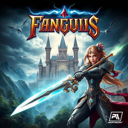A striking game cover design depicting an epic fantasy battle scene in a mystical realm