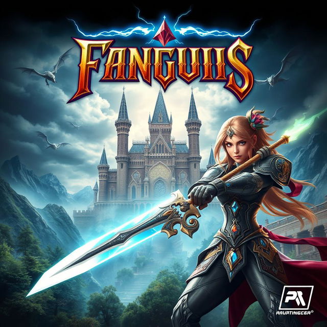 A striking game cover design depicting an epic fantasy battle scene in a mystical realm