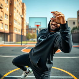 A well-built male athlete wearing a stylish hoodie, engaging dynamically in a basketball pose
