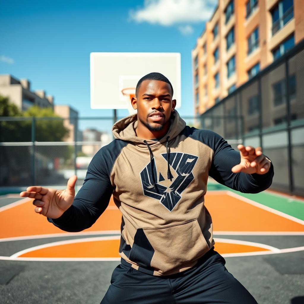 A well-built male athlete wearing a stylish hoodie, engaging dynamically in a basketball pose