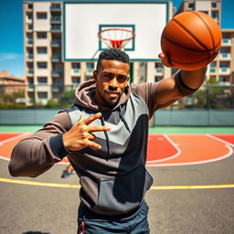 A well-built male athlete wearing a stylish hoodie, engaging dynamically in a basketball pose