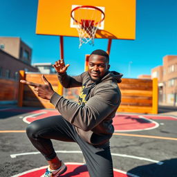 A well-built male athlete wearing a stylish hoodie, engaging dynamically in a basketball pose