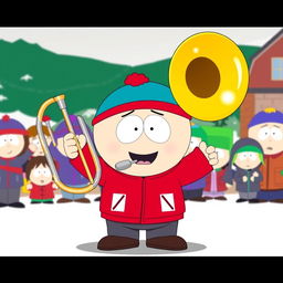 A vibrant and humorous illustration of Cartman from South Park proudly holding a trombone