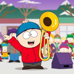 A vibrant and humorous illustration of Cartman from South Park proudly holding a trombone