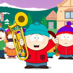 A vibrant and humorous illustration of Cartman from South Park proudly holding a trombone