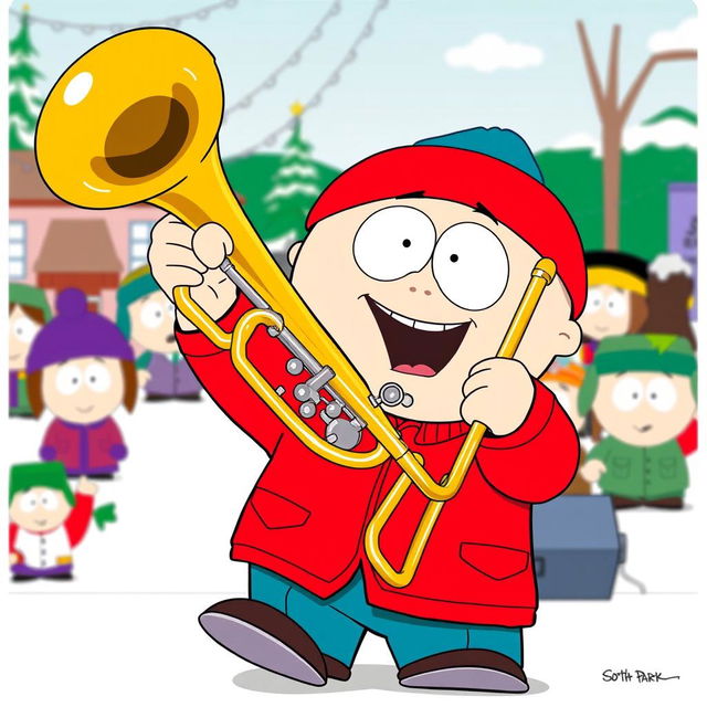 A vibrant and humorous illustration of Cartman from South Park proudly holding a trombone