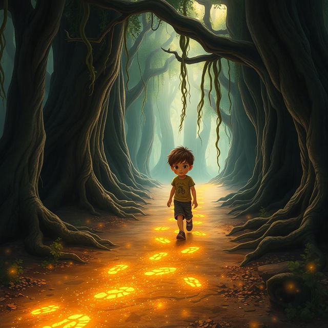 A young boy following a trail of golden footprints that shimmer and sparkle as they lead deeper into a mysterious forest