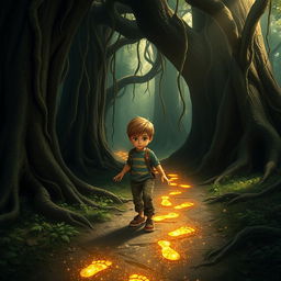 A young boy following a trail of golden footprints that shimmer and sparkle as they lead deeper into a mysterious forest