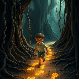 A young boy following a trail of golden footprints that shimmer and sparkle as they lead deeper into a mysterious forest