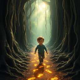 A young boy following a trail of golden footprints that shimmer and sparkle as they lead deeper into a mysterious forest