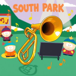 A vibrant and humorous illustration of a trombone in a playful South Park setting
