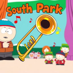 A vibrant and humorous illustration of a trombone in a playful South Park setting
