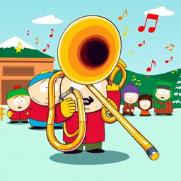 A vibrant and humorous illustration of a trombone in a playful South Park setting