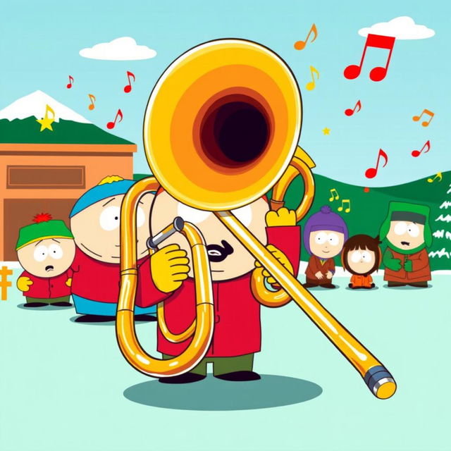A vibrant and humorous illustration of a trombone in a playful South Park setting