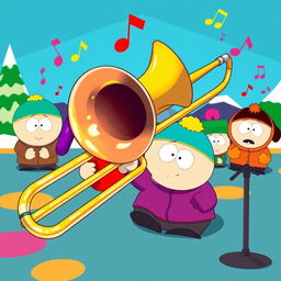 A vibrant and humorous illustration of a trombone in a playful South Park setting