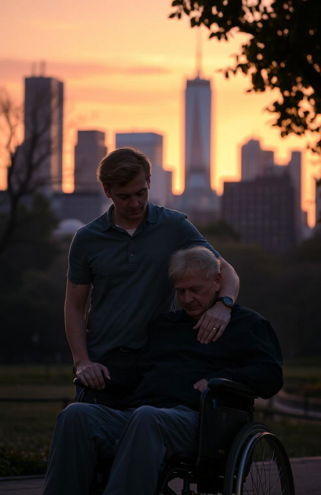 A warm-toned sunset setting the backdrop in Central Park, casting an orange and purple glow