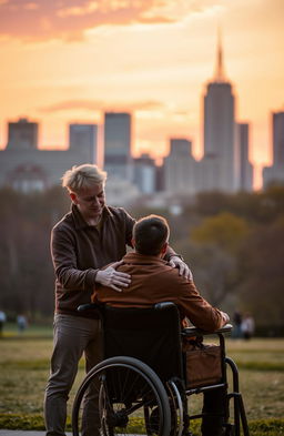 A warm-toned sunset setting the backdrop in Central Park, casting an orange and purple glow