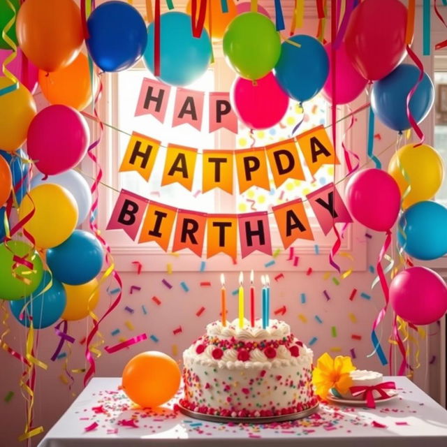 A vibrant and festive birthday decoration scene featuring colorful balloons, bright banners that read 'Happy Birthday', and a beautifully set table with a delightful cake adorned with candles