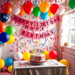 A vibrant and festive birthday decoration scene featuring colorful balloons, bright banners that read 'Happy Birthday', and a beautifully set table with a delightful cake adorned with candles